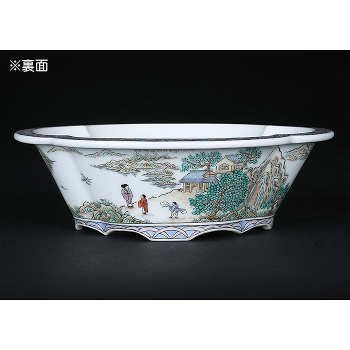 盆栽鉢 「京師五山五彩山水図木瓜式鉢」植木鉢 絵付鉢 京焼 清水焼