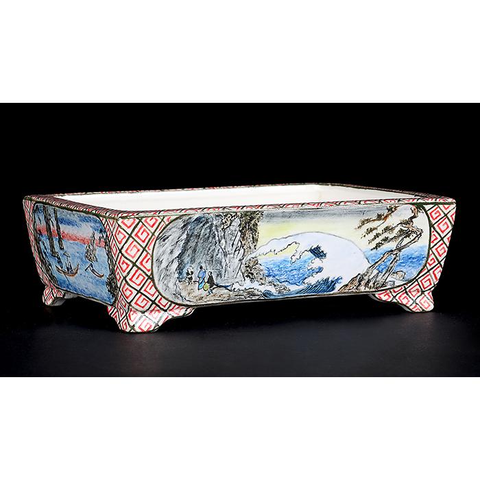絵鉢　長方　盆栽鉢 盆栽鉢 春雪色絵長方鉢 植木鉢 絵付 シュンセツ 磁器 5号 15cm 小品