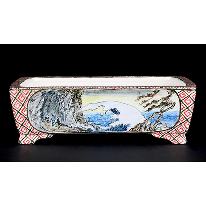 絵鉢　長方　盆栽鉢 盆栽鉢 春雪色絵長方鉢 植木鉢 絵付 シュンセツ 磁器 5号 15cm 小品