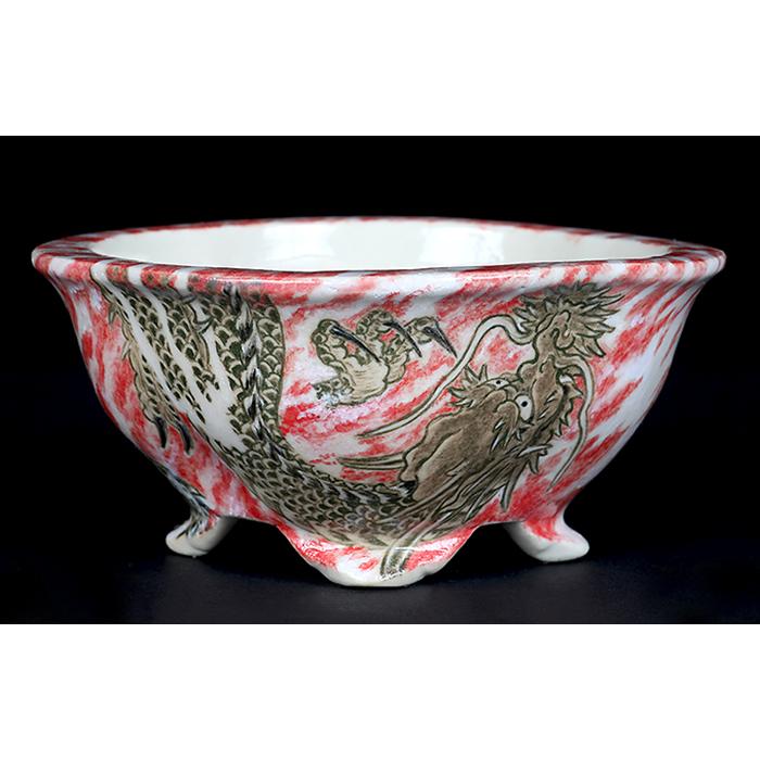 龍　盆栽鉢　彫刻 陶芸　作家鉢　芸術品　入手困難 盆栽鉢 春雪色絵龍図変わり鉢 植木鉢 絵付 シュンセツ 磁器 4号 11cm