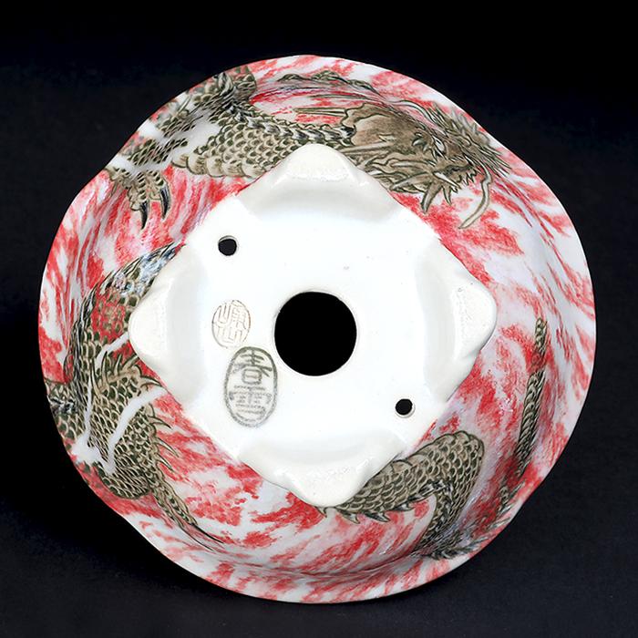 盆栽鉢 春雪色絵龍図変わり鉢 植木鉢 絵付 シュンセツ 磁器 4号 11cm