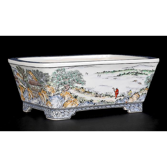 盆栽鉢 月之輪正泉五彩訪友図長方鉢 絵付鉢 色絵 京焼 清水焼 5号 16cm 小品盆栽に最適の画像
