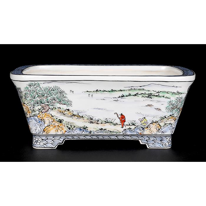 盆栽鉢 月之輪正泉五彩訪友図長方鉢 絵付鉢 色絵 京焼 清水焼 5号 16cm 小品盆栽に最適の画像