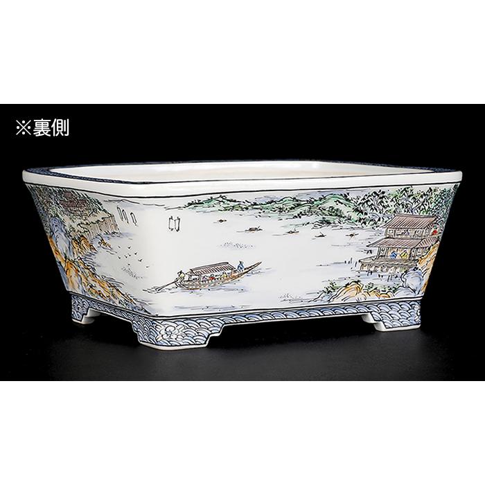 盆栽鉢 月之輪正泉五彩訪友図長方鉢 絵付鉢 色絵 京焼 清水焼 5号 16cm 小品盆栽に最適の画像