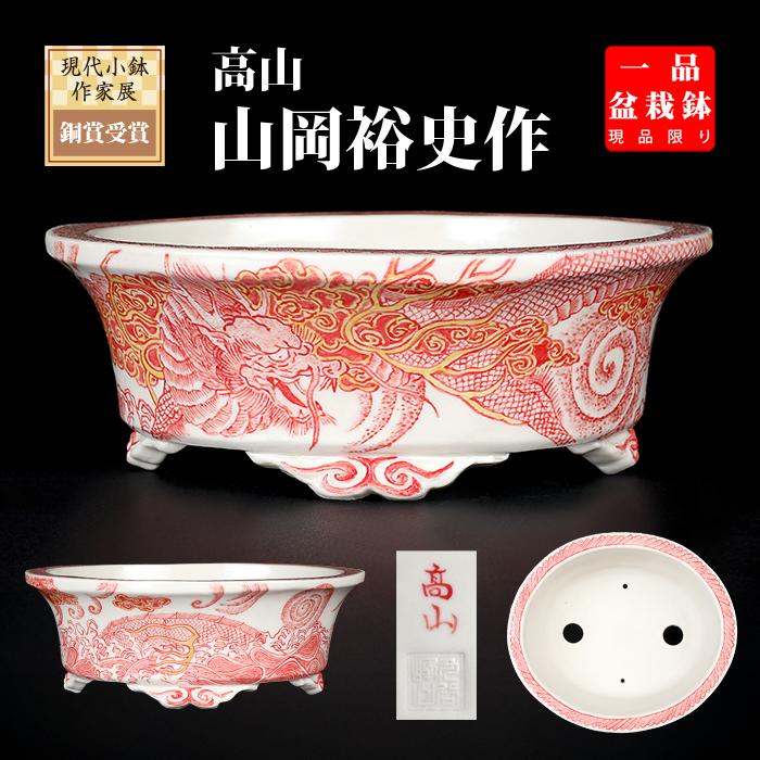 盆栽鉢 高山赤絵龍図楕円鉢 九谷峰山 絵付鉢 手描き 磁器 6号 17cm