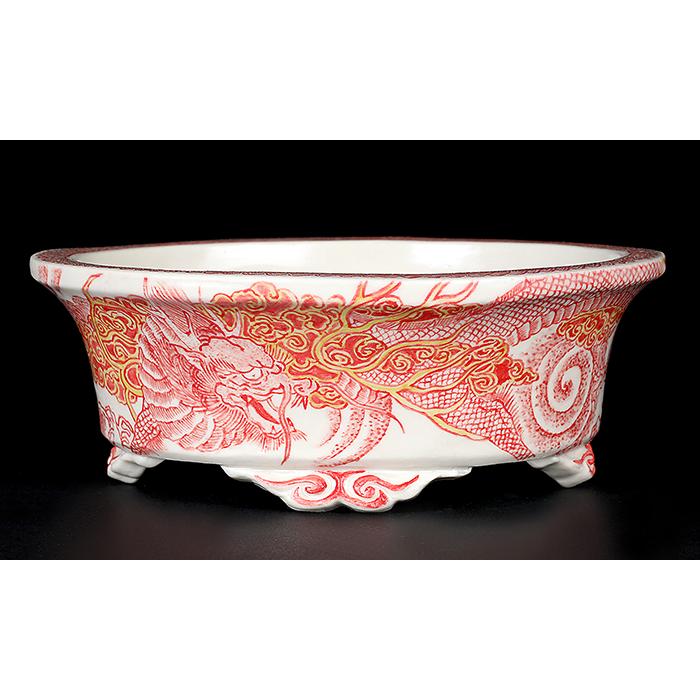 盆栽鉢 高山赤絵龍図楕円鉢 九谷峰山 絵付鉢 手描き 磁器 6号 17cm