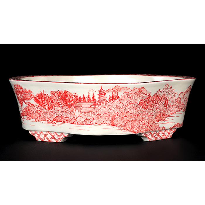 盆栽鉢 高山赤絵山水図木瓜式鉢 九谷峰山 絵付鉢 手描き 磁器 6号 17cm