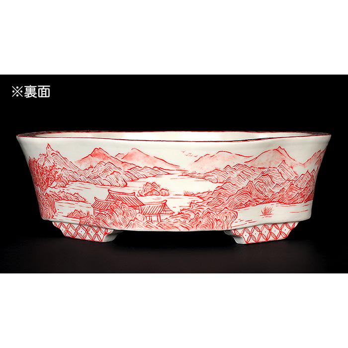盆栽鉢 高山赤絵山水図木瓜式鉢 九谷峰山 絵付鉢 手描き 磁器 6号 17cm