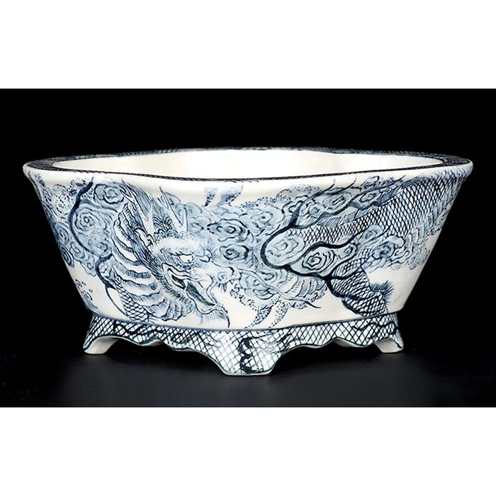 盆栽鉢 高山染付龍図木瓜式鉢鉢 九谷峰山 絵付鉢 手描き 呉須