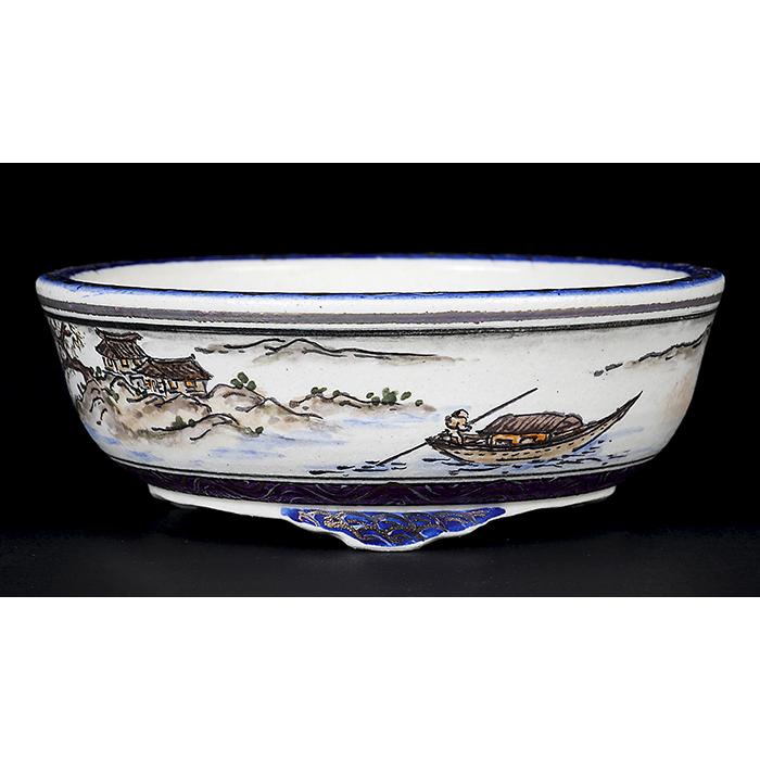 盆栽鉢 柳戸川浩山風景図丸鉢  絵付鉢 手造り 手描き 3号 9cm 小品盆栽 ミニ盆栽に最適 現品限りの画像