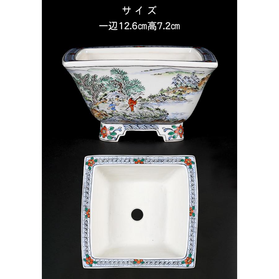 盆栽鉢 月之輪正泉五彩訪友図正方鉢 絵付鉢 色絵 京焼 清水焼 4号 12cm 小品盆栽に最適の画像