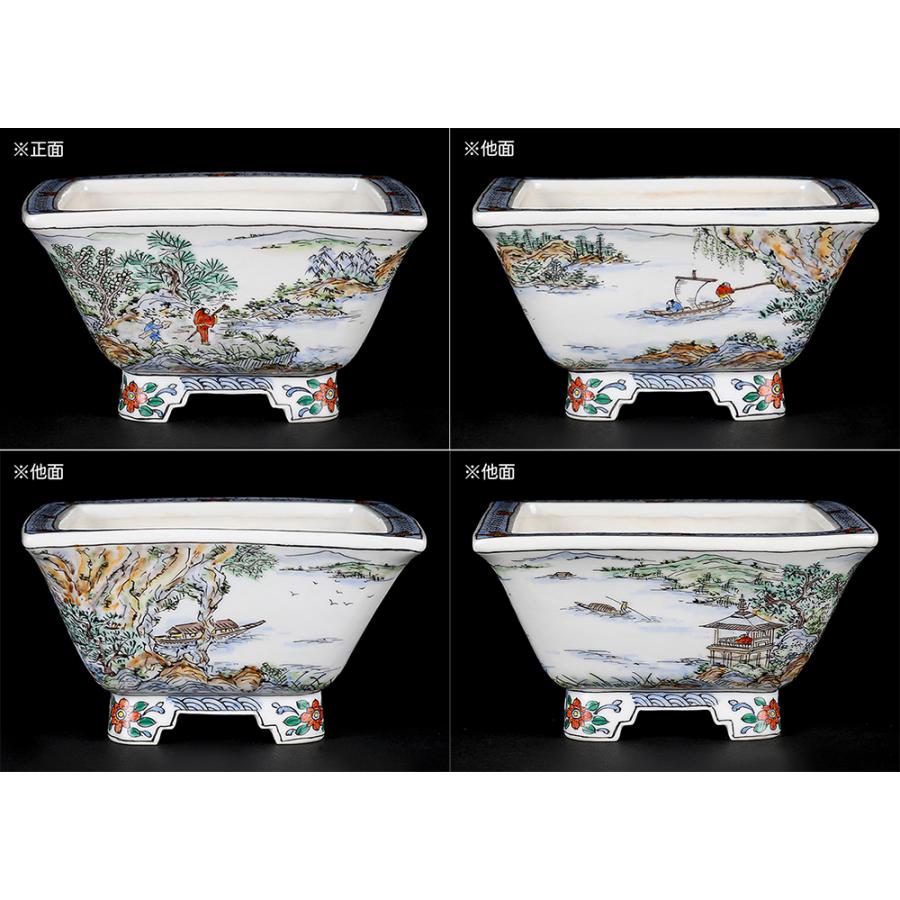 盆栽鉢 月之輪正泉五彩訪友図正方鉢 絵付鉢 色絵 京焼 清水焼 4号 12cm 小品盆栽に最適の画像