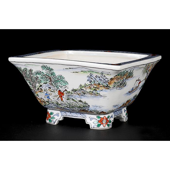 盆栽鉢 月之輪正泉五彩訪友図正方鉢 絵付鉢 色絵 京焼 清水焼 4号 12cm 小品盆栽に最適の画像