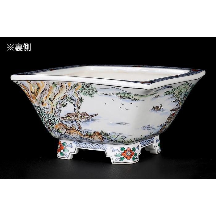 盆栽鉢 月之輪正泉五彩訪友図正方鉢 絵付鉢 色絵 京焼 清水焼 4号 12cm 小品盆栽に最適の画像