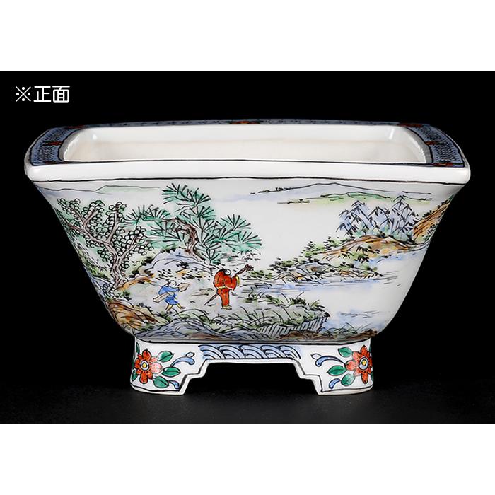 盆栽鉢 月之輪正泉五彩訪友図正方鉢 絵付鉢 色絵 京焼 清水焼 4号 12cm 小品盆栽に最適の画像