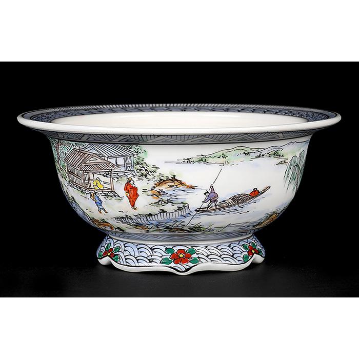 盆栽鉢 月之輪正泉五彩訪友図丸鉢 絵付鉢 色絵 京焼 清水焼 4号 13cm 小品盆栽に最適の画像