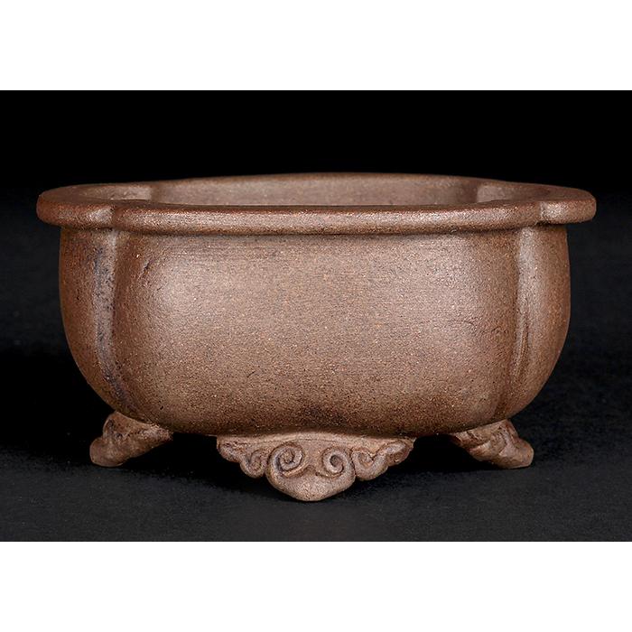 盆栽鉢 舟山木瓜式鉢 泥鉢 4号 11cm 紫泥 落款あり 手づくり鉢 小品