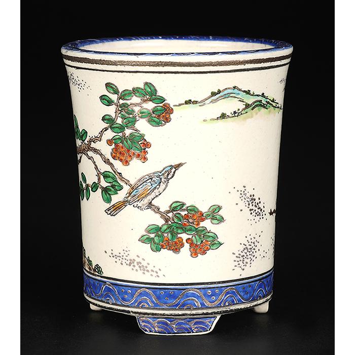 盆栽鉢 柳戸川浩山花鳥図丸鉢  絵付鉢 手造り 手描き 2号 7cm 小品盆栽盆栽 ミニ盆栽に最適 現品限りの画像