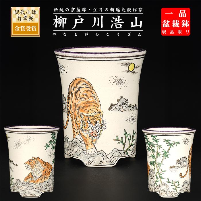 盆栽鉢 柳戸川浩山花鳥図丸鉢 絵付鉢 手造り 手描き 2号 7cm
