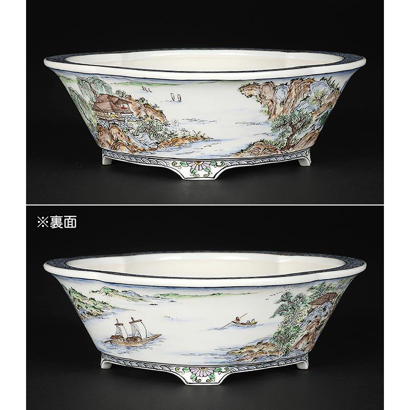 盆栽鉢 月之輪正泉五彩舟訪友図木瓜式鉢 絵付鉢 色絵 京焼 清水焼 6号