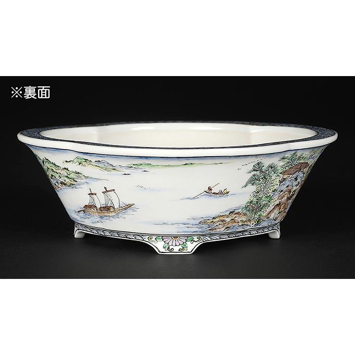 盆栽鉢 月之輪正泉五彩舟訪友図木瓜式鉢 絵付鉢 色絵 京焼 清水焼 6号