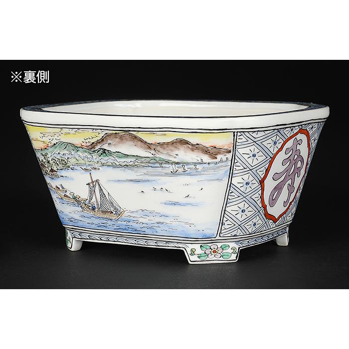 盆栽鉢 月之輪正泉五彩湖畔風景福寿図長方鉢 絵付鉢 色絵 京焼 清水焼 5号 15cm 小品盆栽に最適の画像
