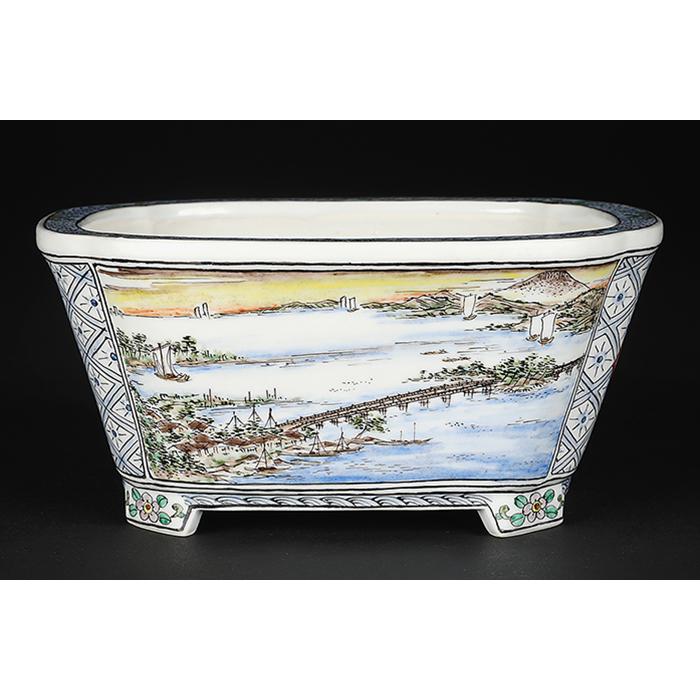 盆栽鉢 月之輪正泉五彩湖畔風景福寿図長方鉢 絵付鉢 色絵 京焼 清水焼 5号 15cm 小品盆栽に最適の画像