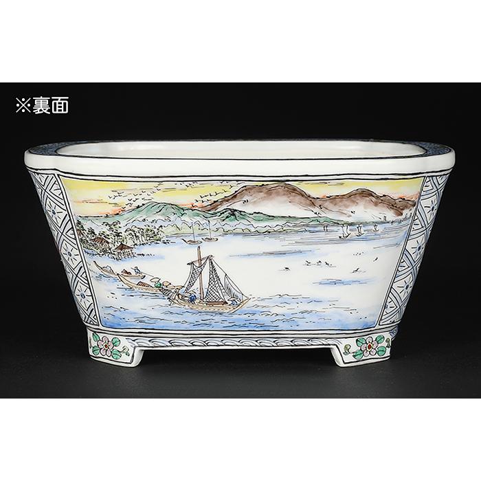 盆栽鉢 月之輪正泉五彩湖畔風景福寿図長方鉢 絵付鉢 色絵 京焼 清水焼 5号 15cm 小品盆栽に最適の画像