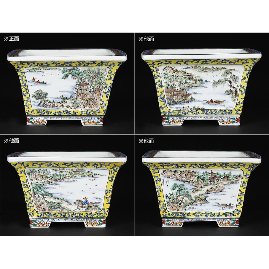 盆栽鉢 月之輪正泉五彩山水図正方鉢 絵付鉢 色絵 京焼 清水焼 5号 14cm