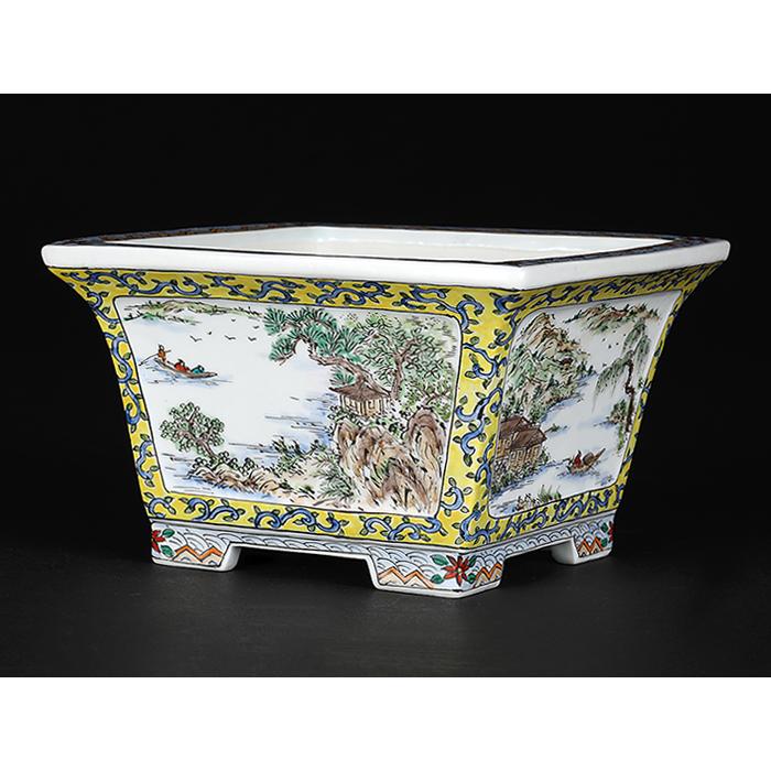 盆栽鉢 月之輪正泉五彩山水図正方鉢 絵付鉢 色絵 京焼 清水焼 5号 14cm