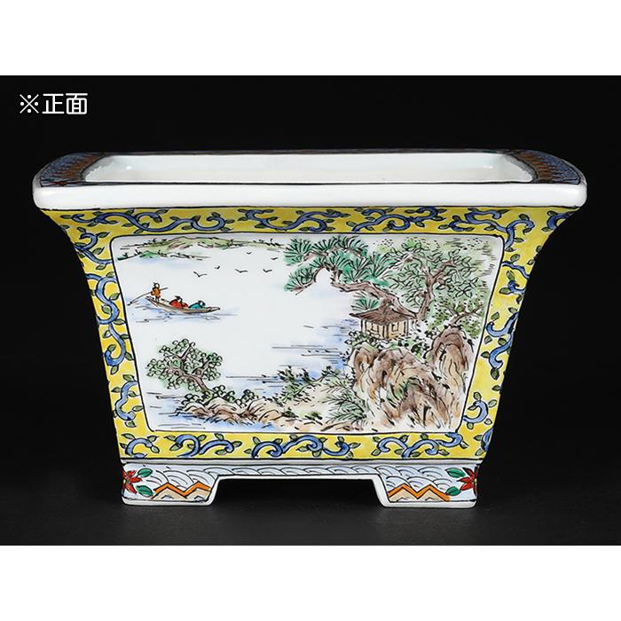盆栽鉢 月之輪正泉五彩山水図正方鉢 絵付鉢 色絵 京焼 清水焼 5号 14cm