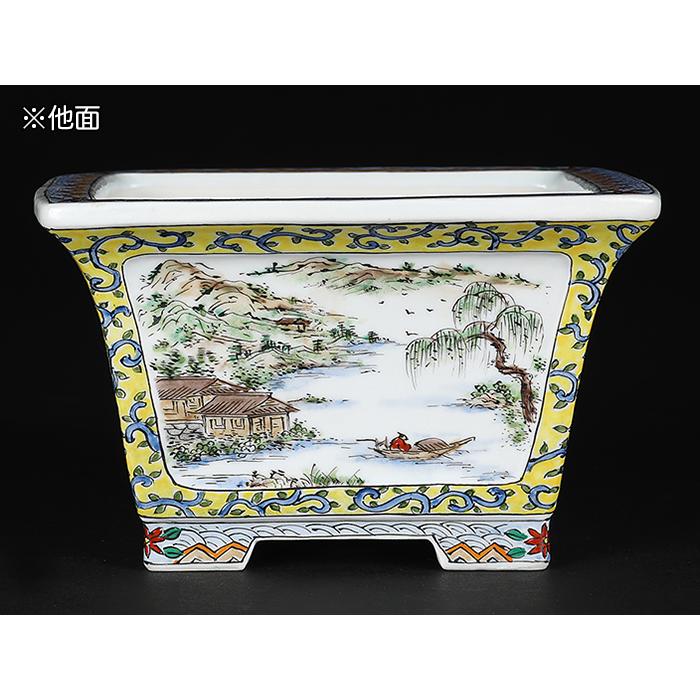 盆栽鉢 月之輪正泉五彩山水図正方鉢 絵付鉢 色絵 京焼 清水焼 5号 14cm