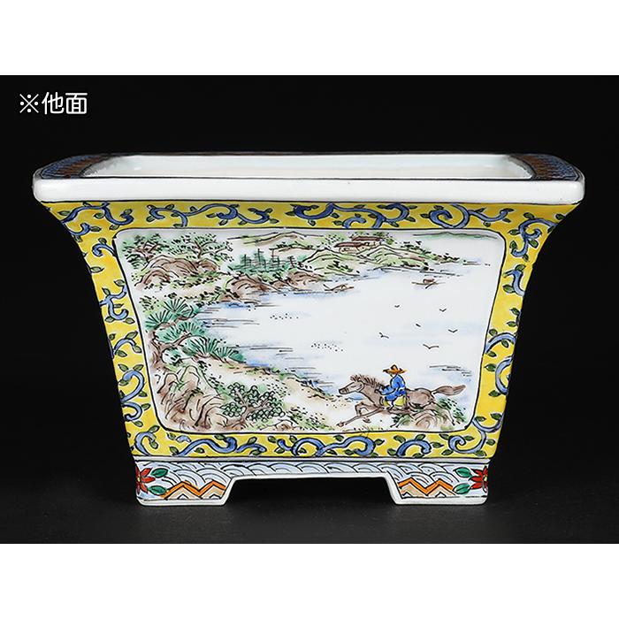 盆栽鉢 月之輪正泉五彩山水図正方鉢 絵付鉢 色絵 京焼 清水焼 5号 14cm