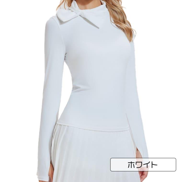 レディース ゴルフウェア 長袖 Tシャツ ハイネック リボン 結び 速乾