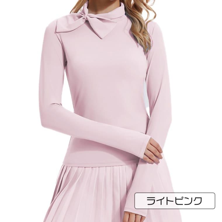 レディース ゴルフウェア 長袖 Tシャツ ハイネック リボン 結び 速乾