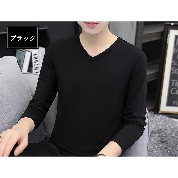 tシャツ メンズ 無地 Vネック ストレッチ インナー 長袖 深Vネック