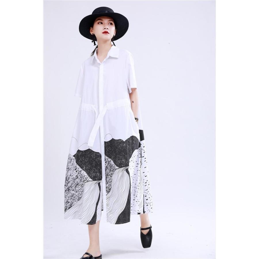 シャツワンピース 春 夏 薄手 ロングワンピース 半袖 きれいめ おしゃれ モダン調 ブラック ホワイト ダボダボ ゆったり ウェスト紐zh0002 Zh0002 Booboo Collection 通販 Yahoo ショッピング