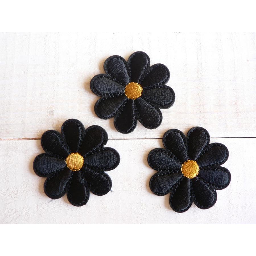 ワッペン お花 3枚セット 黒 ブラック ミニワッペン アイロンワッペン