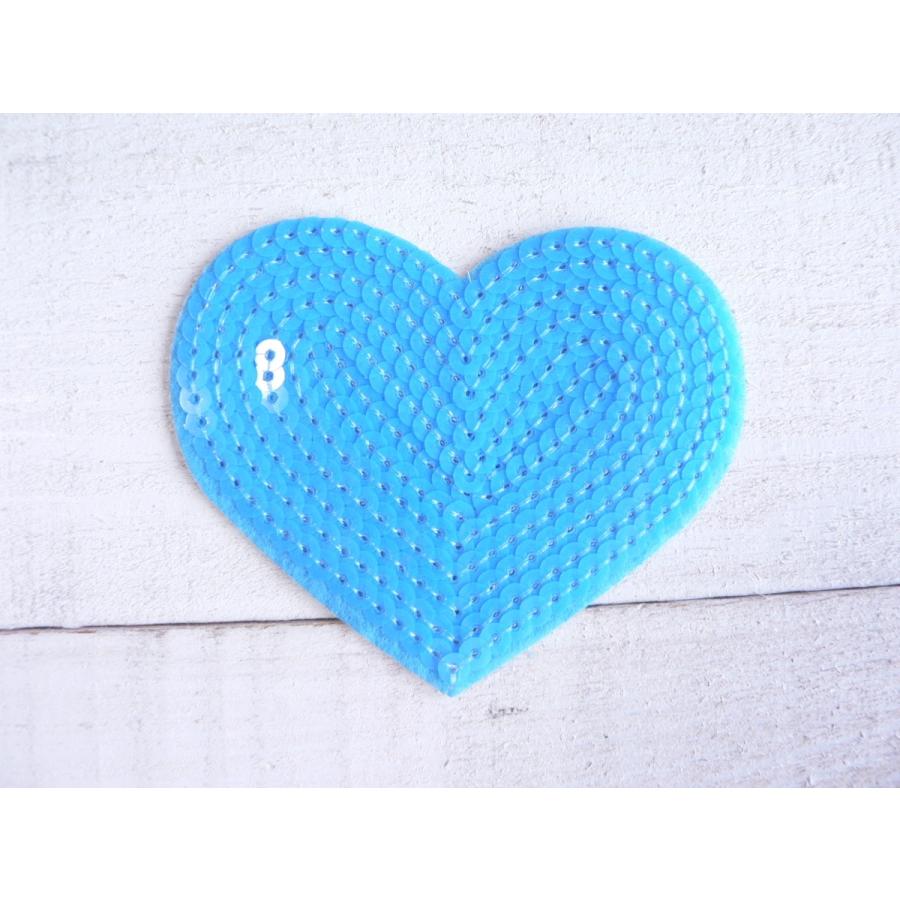 ハート ワッペン スパンコール アイロンワッペン 水色 ライトブルー 1  