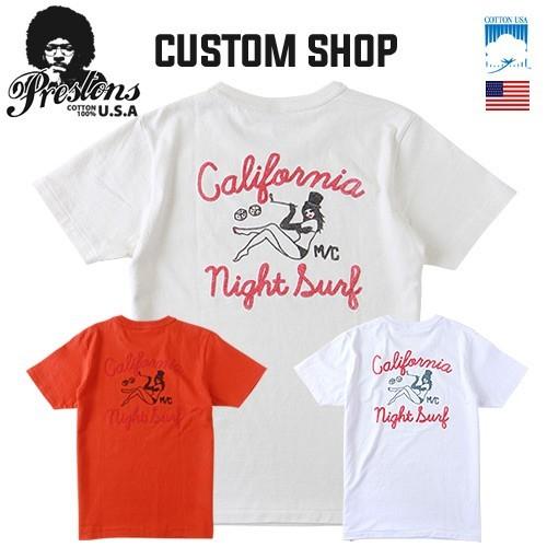 PRESTONS カスタムショップ 50’sチェーン刺繍プリント California Night Surf アメカジＴシャツ P0414 メンズ アメカジ｜boogiestyle