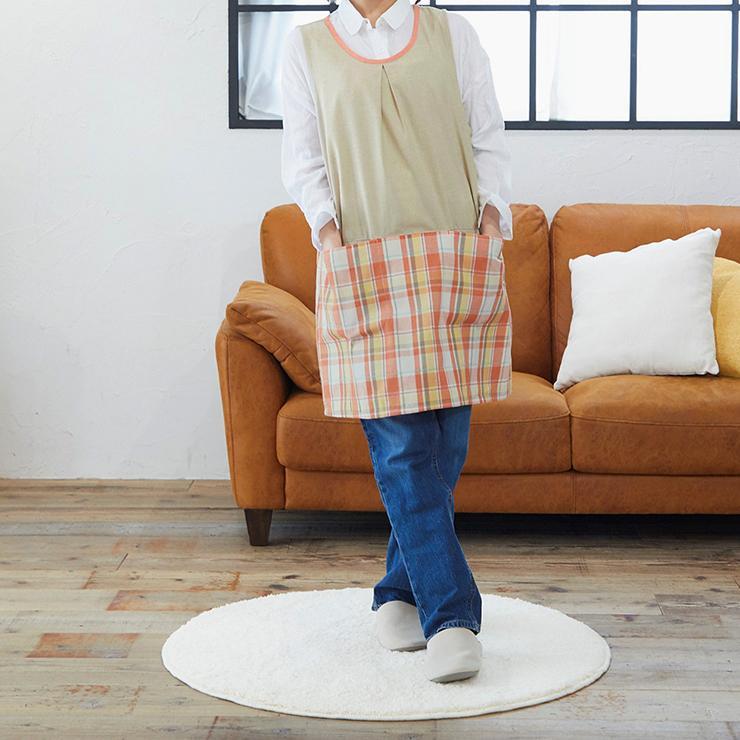 チュニックエプロン チェック エプロン 変わり織り ラン型 切替 無地