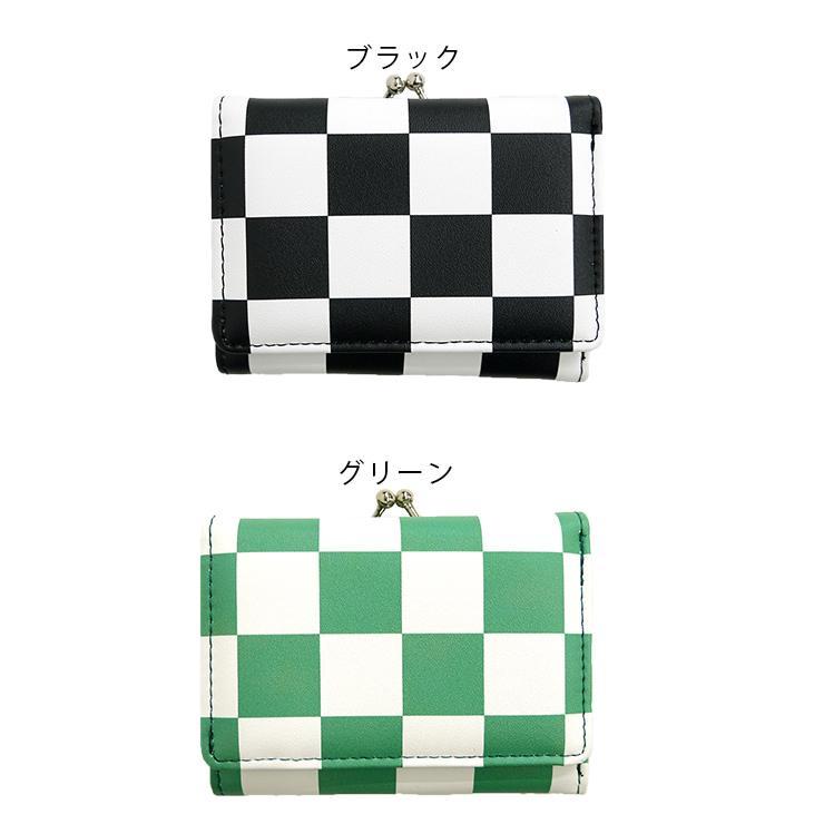 三つ折り財布 ユニセックス ミニ財布 口金財布 チェッカー柄