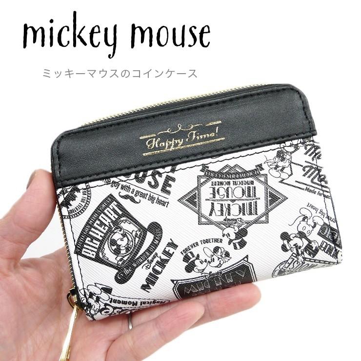 コインケース ミッキーマウス ラウンドファスナー モノクロ ビンテージ ファスナー開閉 財布 高 三層タイプ ガバッ
