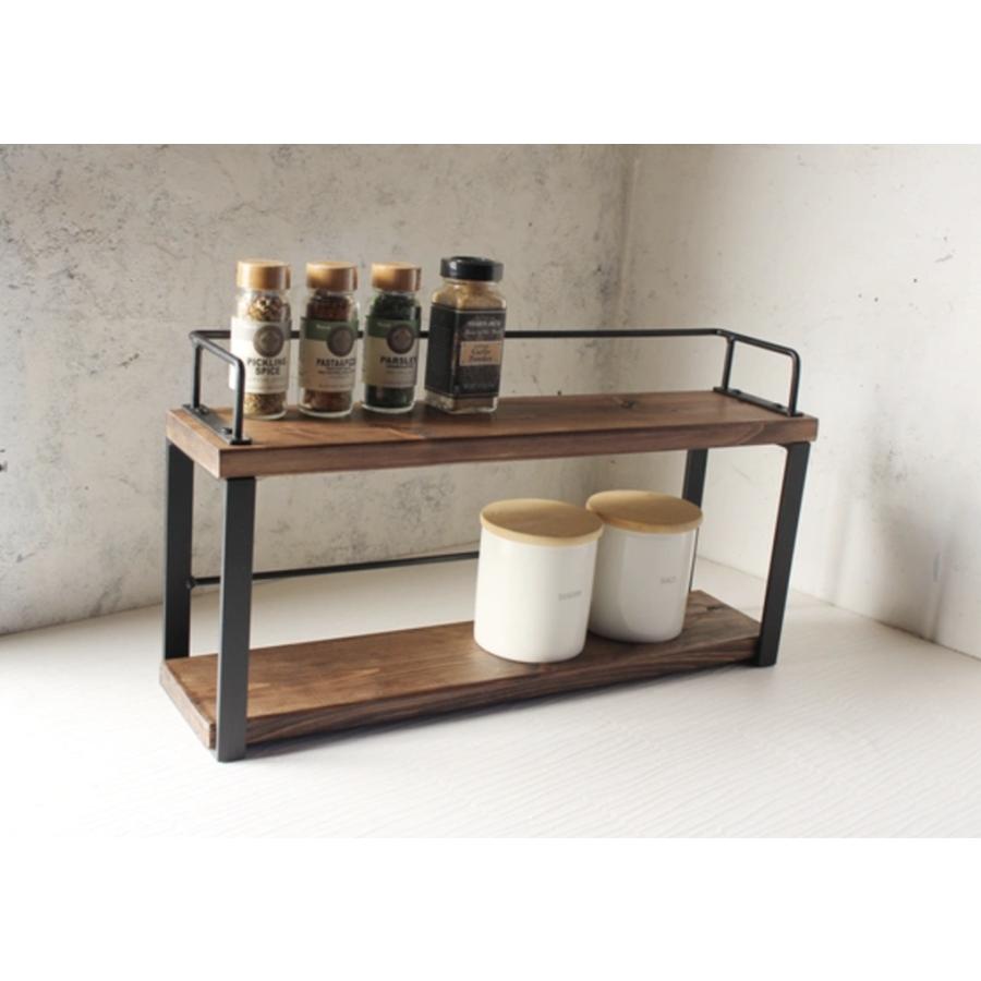 天然木 ウォールナット色 アイアン 2段 スパイスラック 調味料棚 無垢