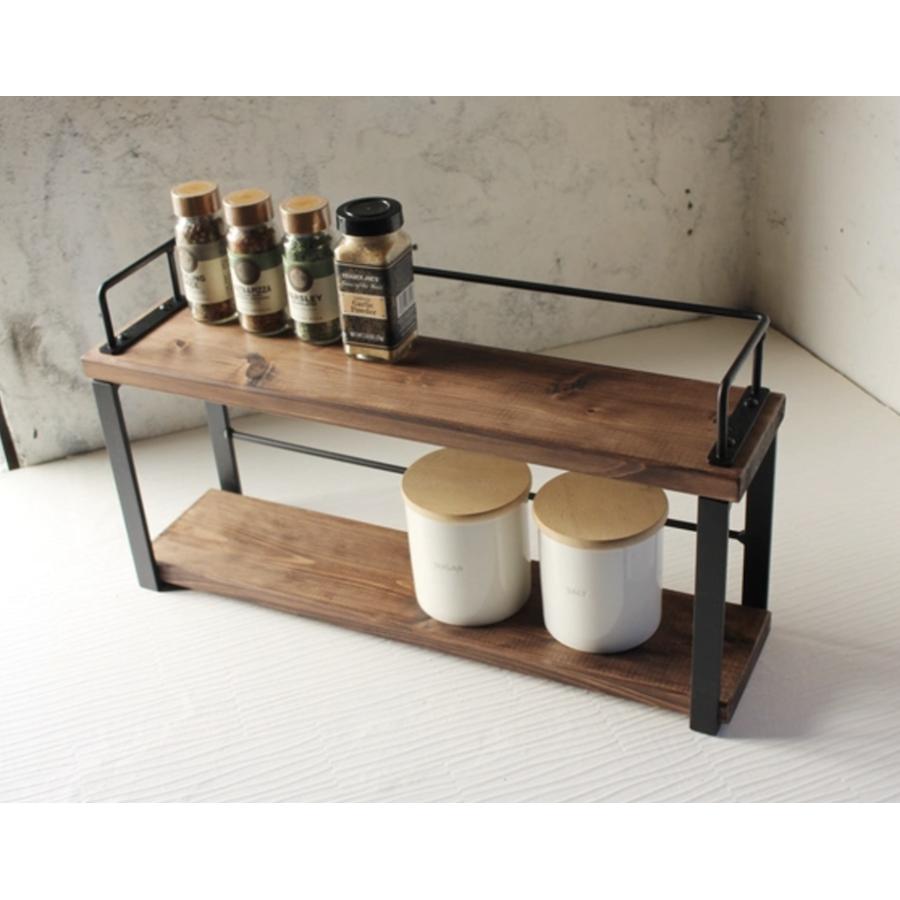 天然木 ウォールナット色 アイアン 2段 スパイスラック 調味料棚 無垢