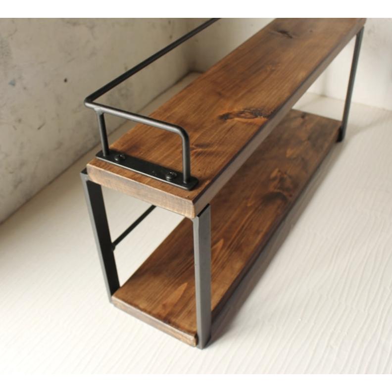 天然木 ウォールナット色 アイアン 2段 スパイスラック 調味料棚 無垢