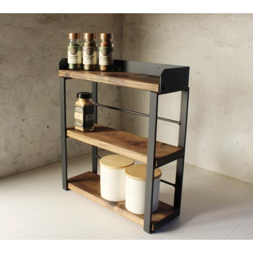 天然木 ウォールナット色 アイアン 3段 スパイスラック 調味料棚 無垢