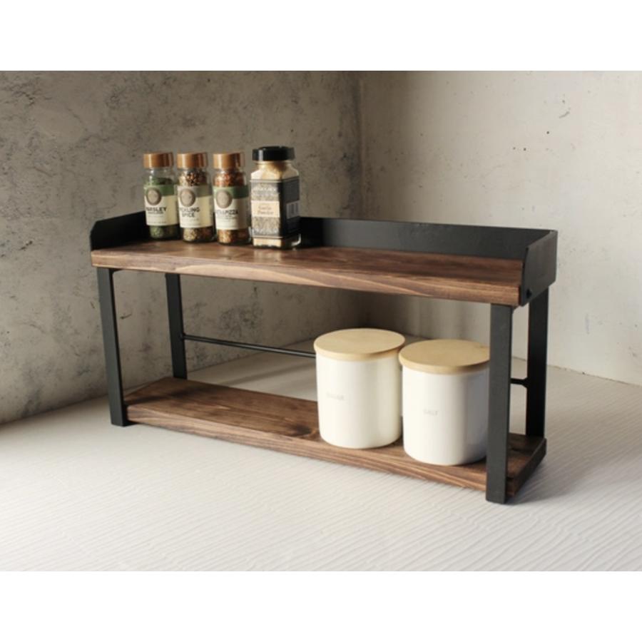 天然木 ウォールナット色 アイアン 2段 スパイスラック 調味料棚 無垢