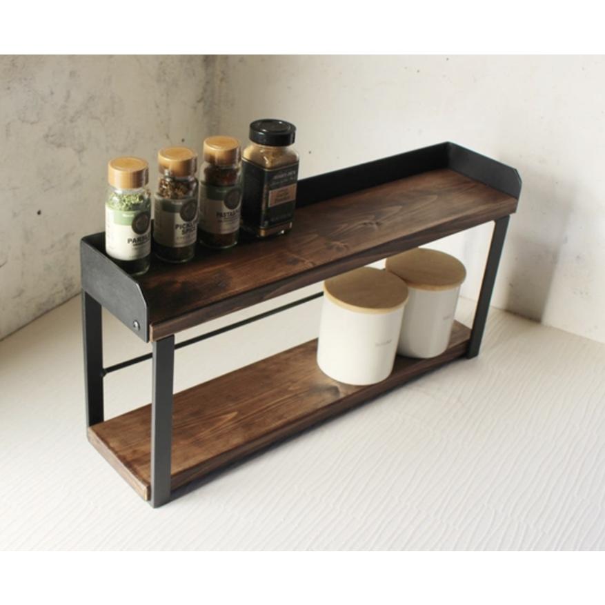 天然木 ウォールナット色 アイアン 2段 スパイスラック 調味料棚 無垢