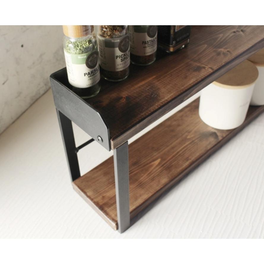 天然木 ウォールナット色 アイアン 2段 スパイスラック 調味料棚 無垢